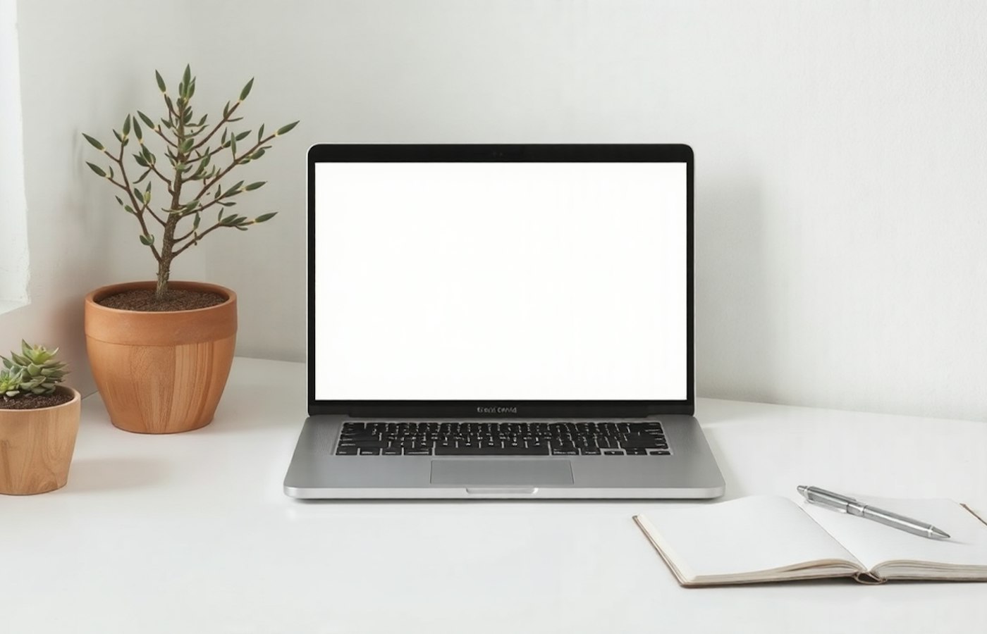 A minimal desk with a laptop, plants and an open notebook
